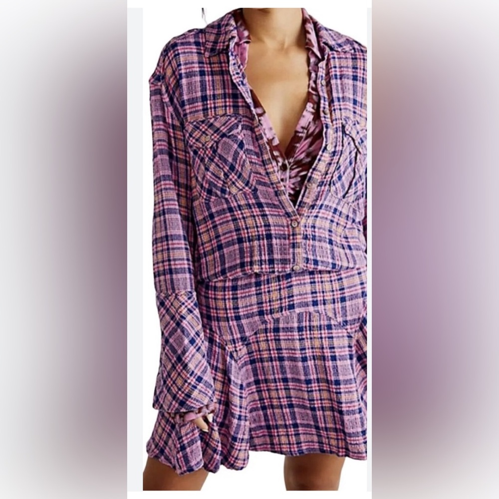 Free People PINK MILO PLAID BUTTON FRONT MINI DRESS Size XL. NWOT